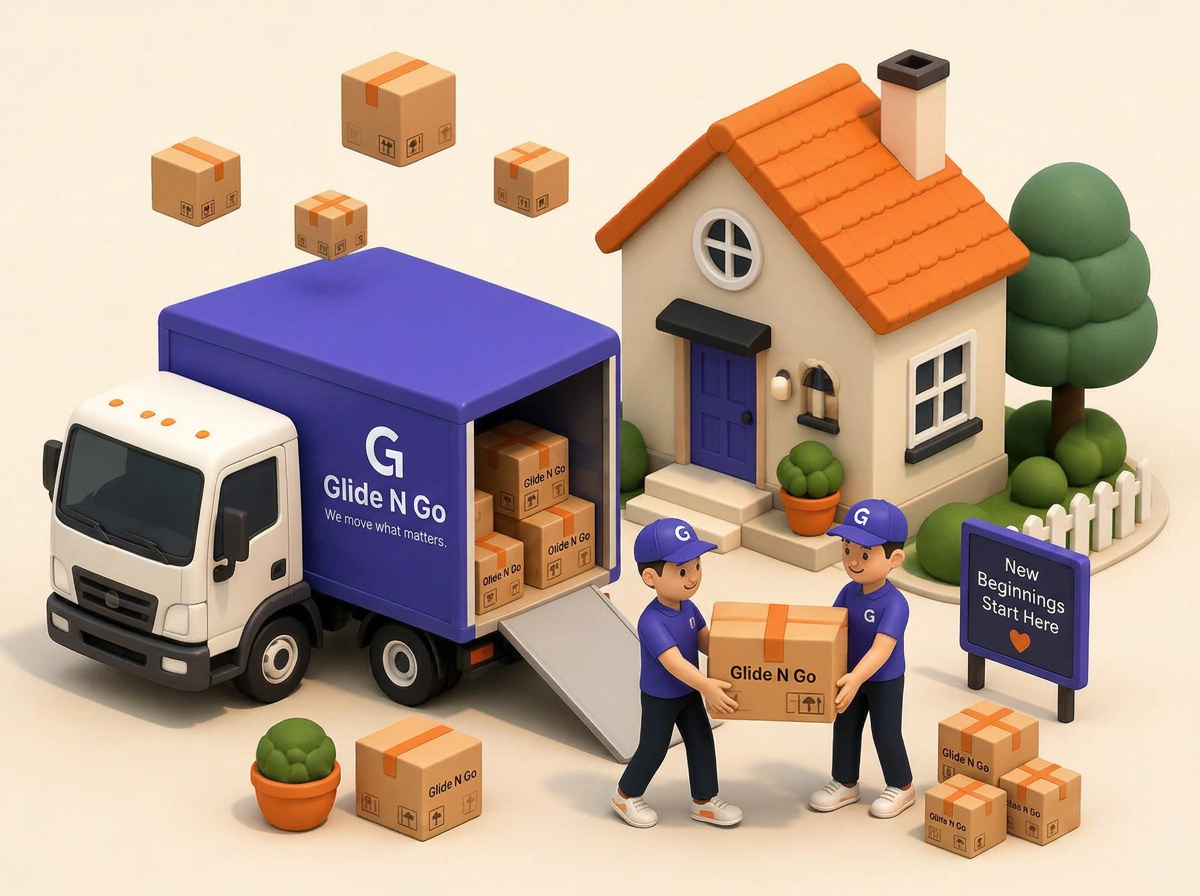 Isometric illustration of a moving truck and movers carrying boxes to a house